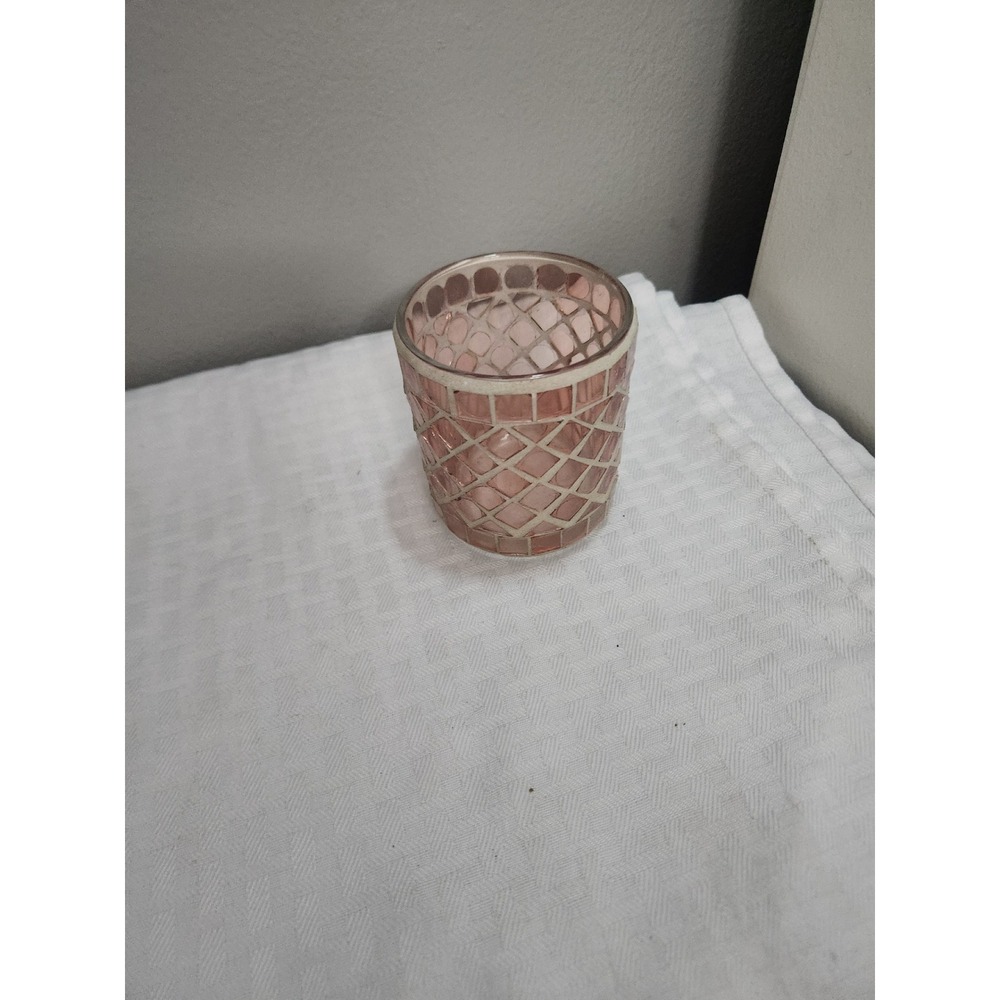 Pink Mosaic Glass Votive Candle Holder Lattice Tea Light Decor